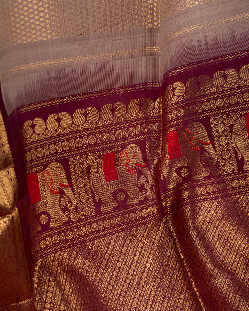 Weavers Excellence : Designer Gadwal Brocade Silk Saree with all over Rain Drop Butties in Biscuit Shade & Contrast Marron Color Borders & Handwork Blouse