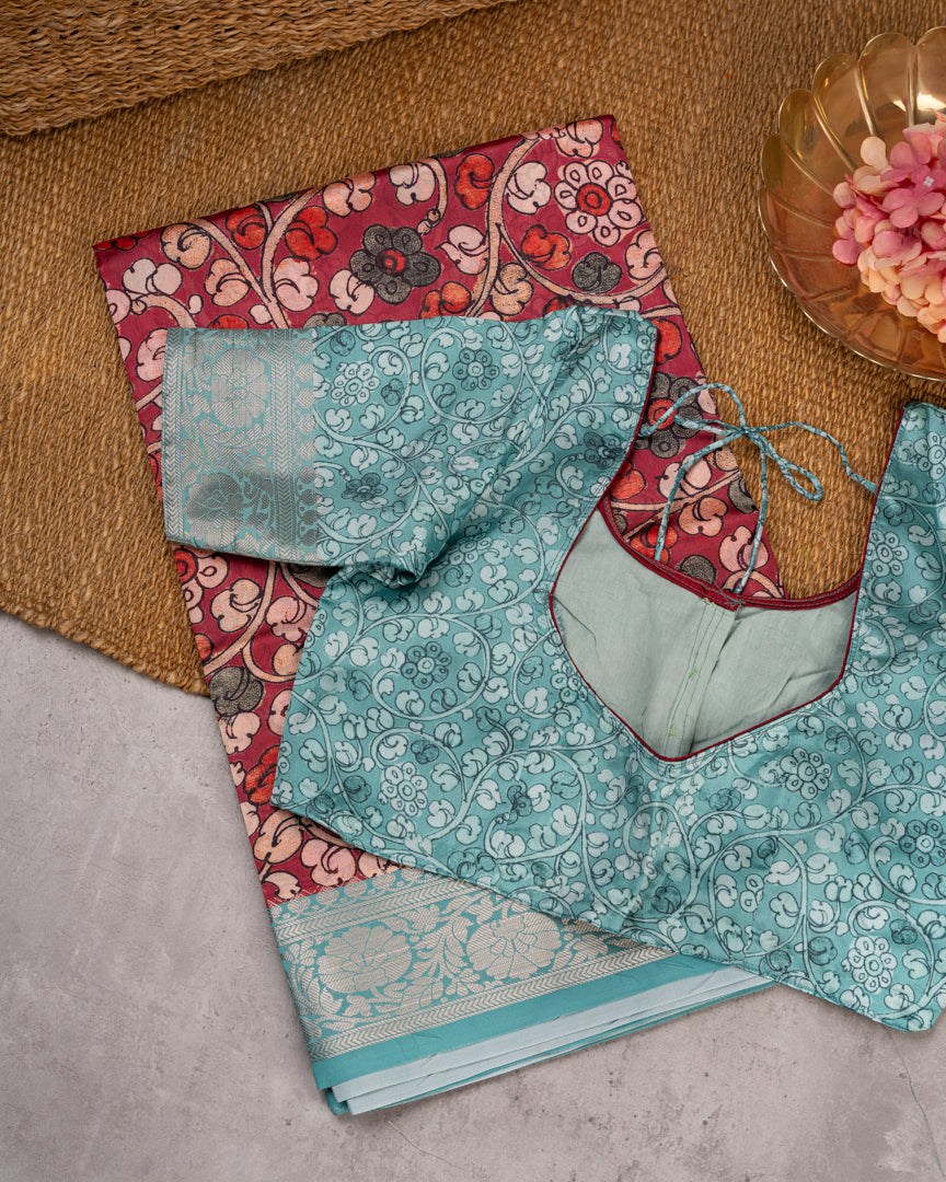 Kalamakari Prints on Maroon Dola Saree with Aqua Blue Kanchipuram Inspired Borders & Aqua Blue Kalamkari Printed Blouse