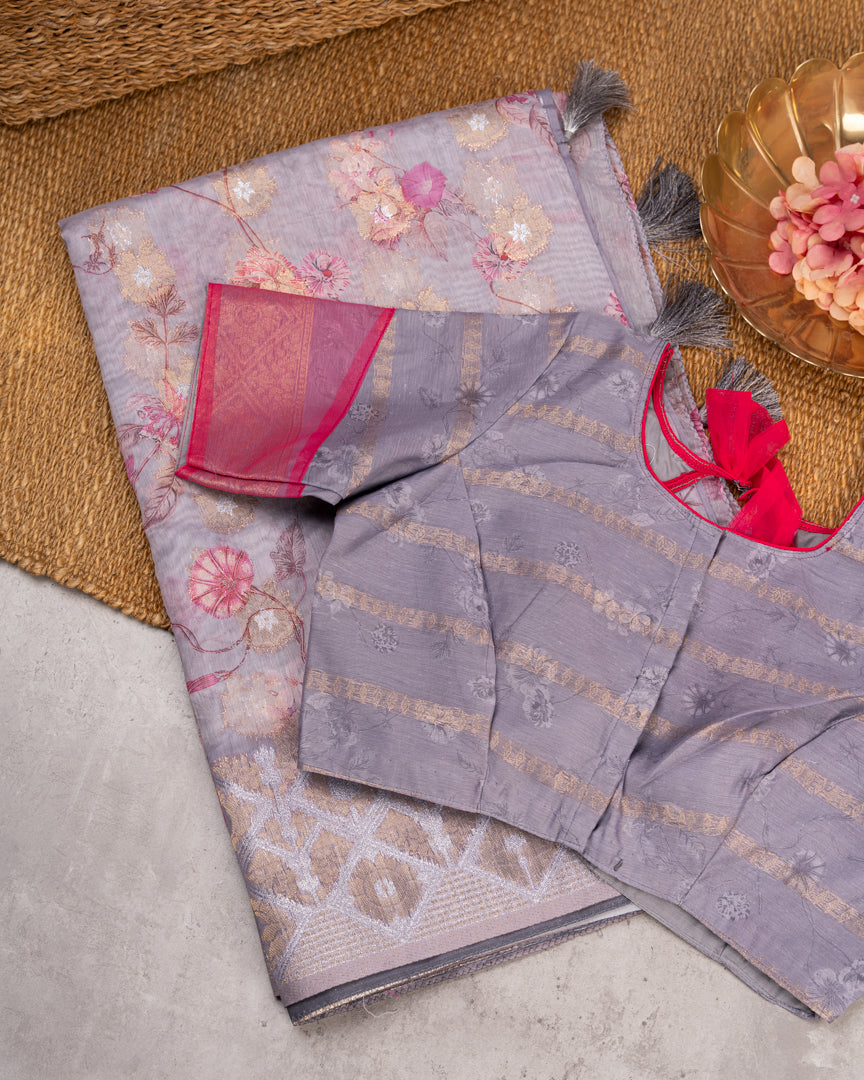 Pastel Grey Chanderi Floral Printed Saree with Pattern Blouse