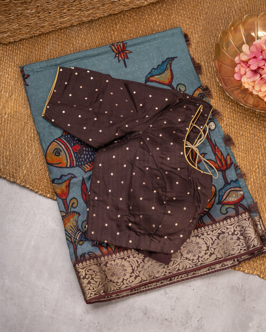 Grey Pure Banarasi Dola Silk Saree with Kalamkari Prints and Brown Banarasi Borders with Coffee Brown Banarasi Brocade Blouse