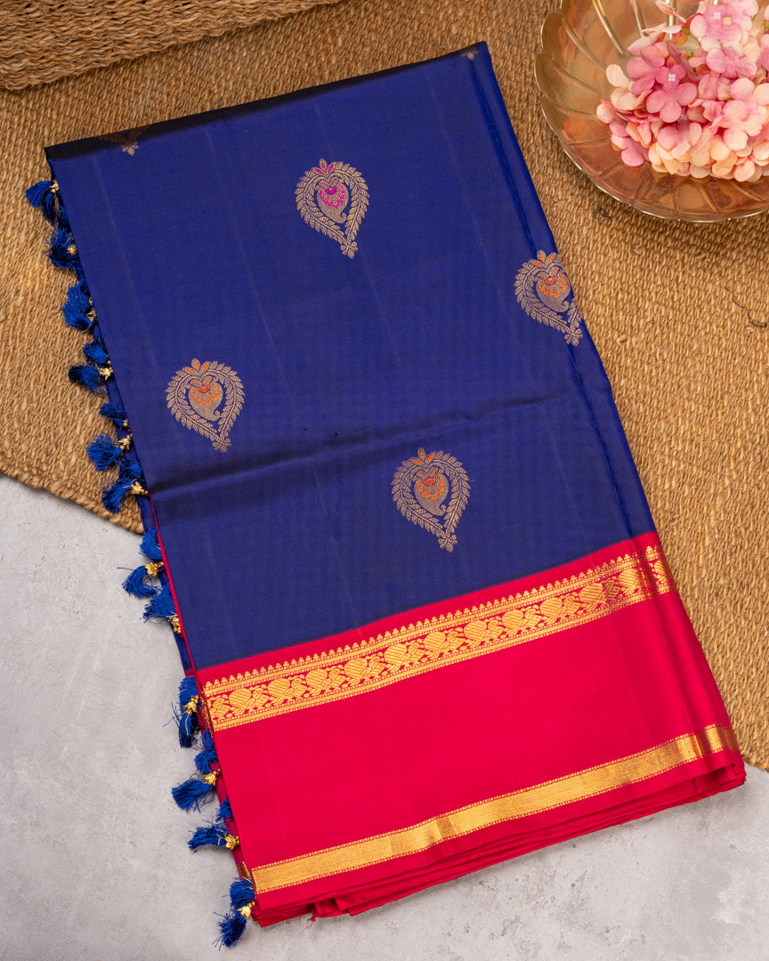 Fusion : Premium Kanchipuram Silk Saree in Ink Blue Color with Fuscia Double Retta Petta Borders and Menakari Woven Banarasi Motifs and Hand Embroidered Blouse