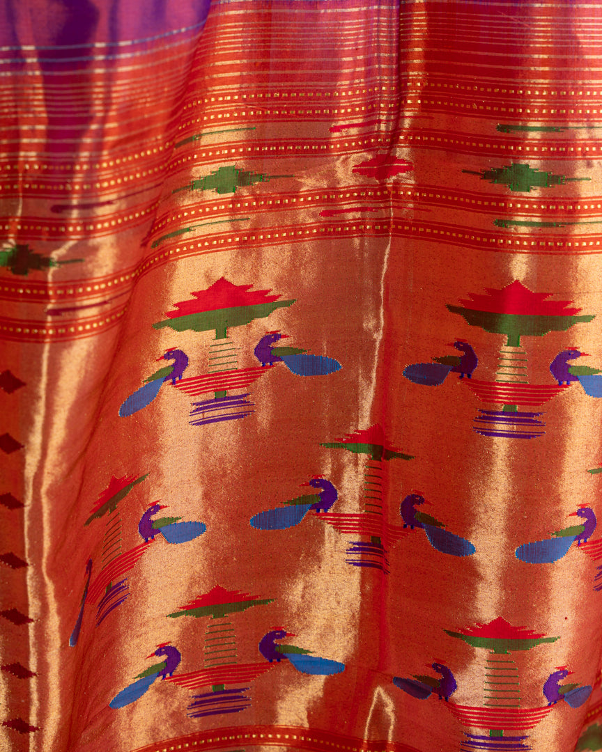 Pure Paithani Nauvari Purple Silk Saree with Peacocks and Lotus Pallu and Beautifully designed Hand embroidered Blouse in Red