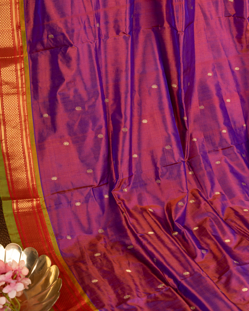 Pure Paithani Nauvari Purple Silk Saree with Peacocks and Lotus Pallu and Beautifully designed Hand embroidered Blouse in Red