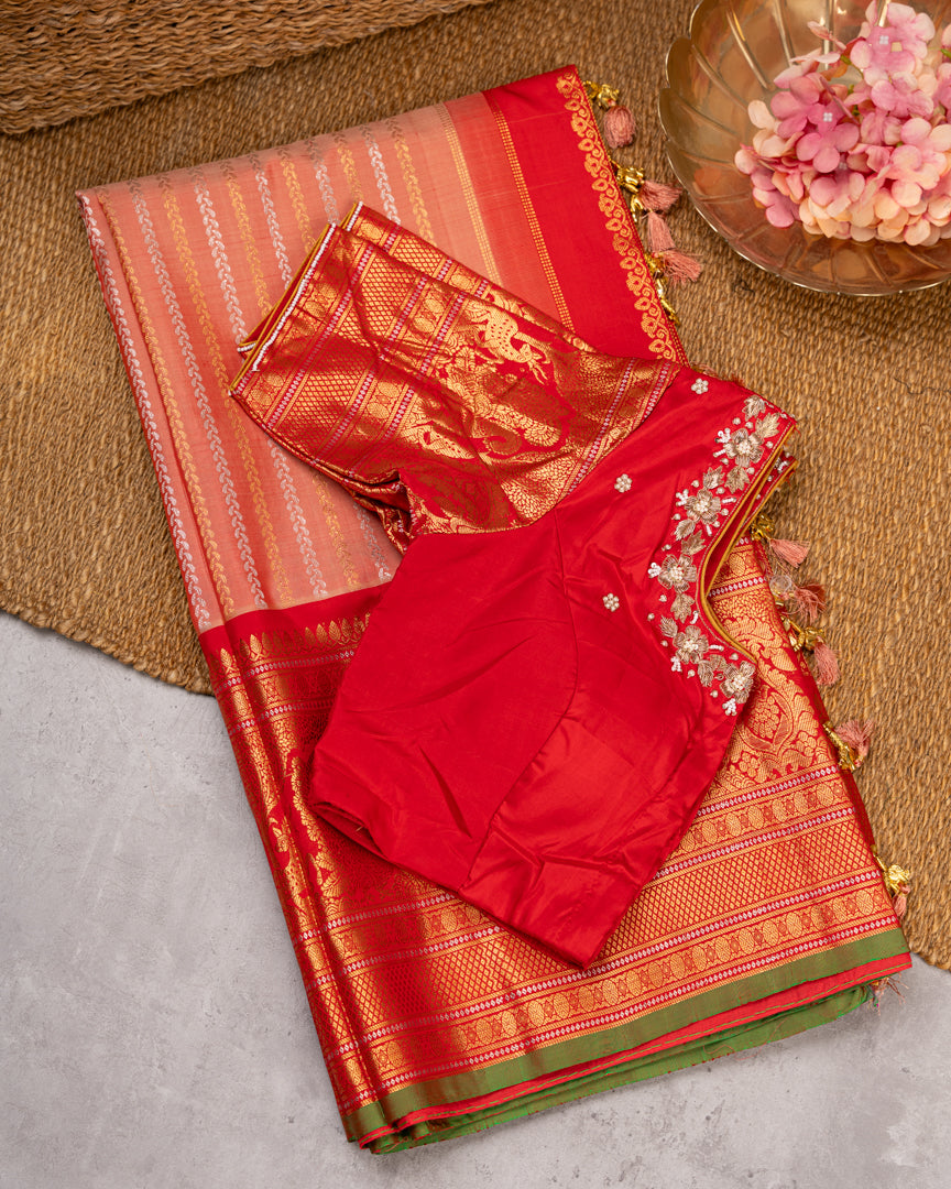 Pastel Peach Gadwal Brocade Silk saree with Red Kanchipuram Inspired Borders & Red Cutdana Handwork Blouse