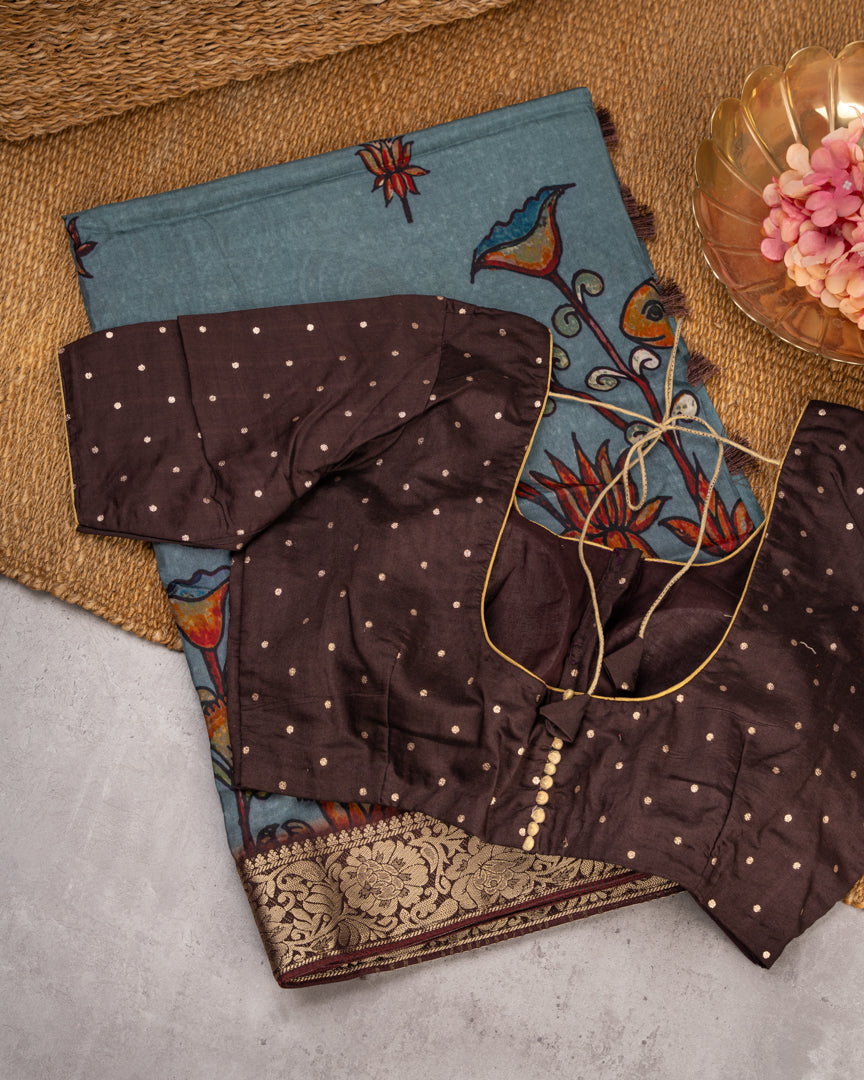 Grey Pure Banarasi Dola Silk Saree with Kalamkari Prints and Brown Banarasi Borders with Coffee Brown Banarasi Brocade Blouse