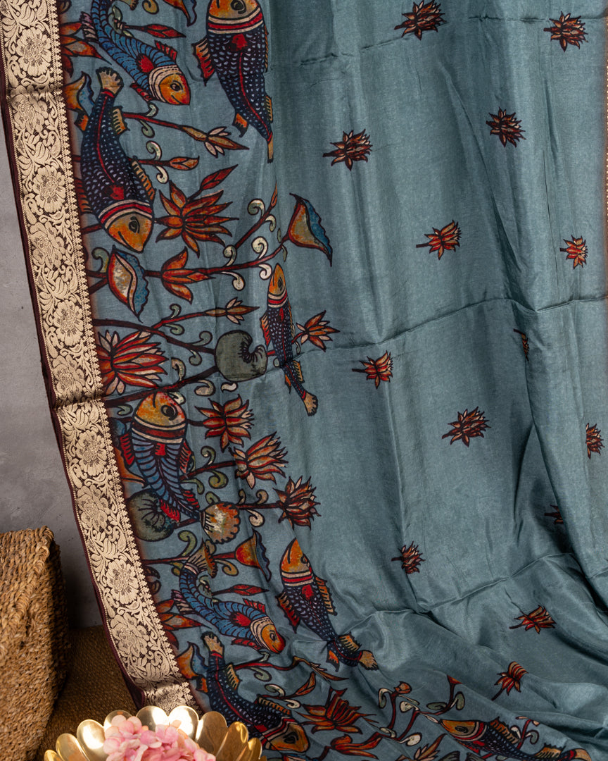 Grey Pure Banarasi Dola Silk Saree with Kalamkari Prints and Brown Banarasi Borders with Coffee Brown Banarasi Brocade Blouse