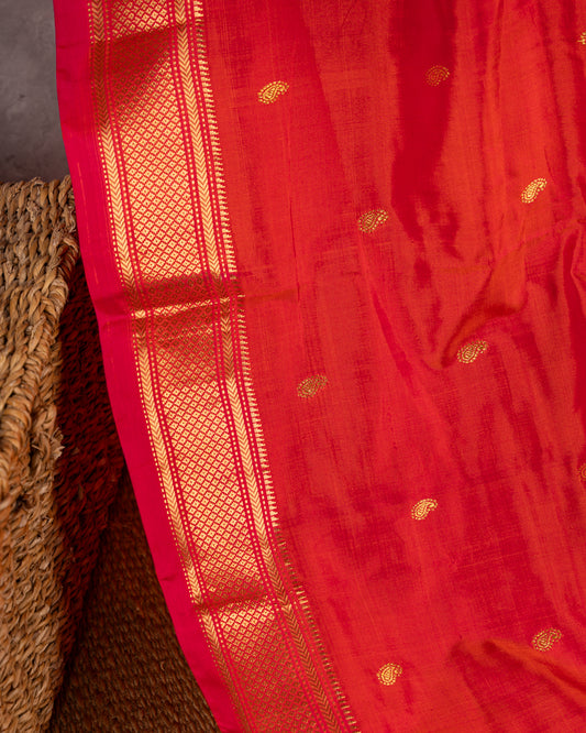 Pure Paithani Nauvari Red & Pink Dual tone Silk Saree with Peacocks and Lotus Fancy Pallu and Beautifully designed Hand embroidered Blouse in Blue