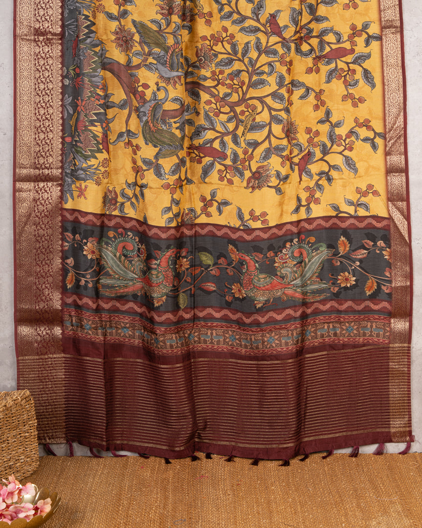 Mustard Pure Banarasi Dola Silk Saree with Kalamkari Prints and Maroon Banarasi Borders with Maroon Banarasi Brocade Blouse