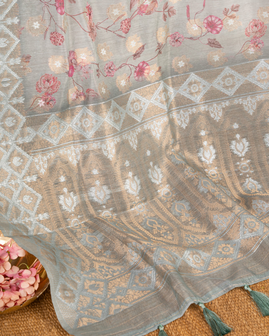 Greenish Grey Chanderi Floral Printed Saree with Pattern Blouse