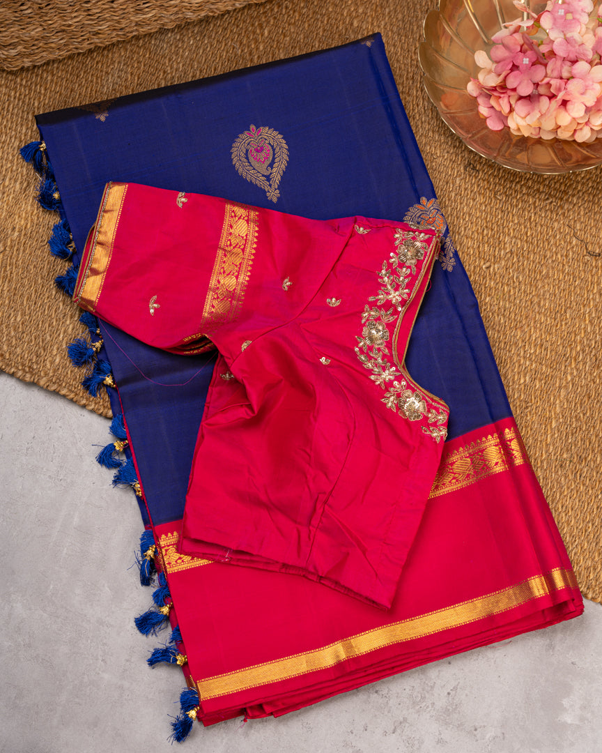 Fusion : Premium Kanchipuram Silk Saree in Ink Blue Color with Fuscia Double Retta Petta Borders and Menakari Woven Banarasi Motifs and Hand Embroidered Blouse