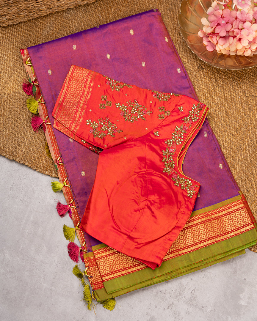 Pure Paithani Nauvari Purple Silk Saree with Peacocks and Lotus Pallu and Beautifully designed Hand embroidered Blouse in Red