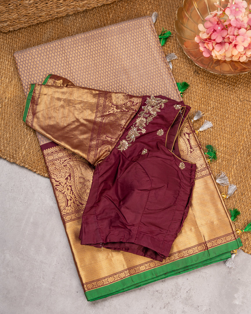 Weavers Excellence : Designer Gadwal Brocade Silk Saree with all over Rain Drop Butties in Biscuit Shade & Contrast Marron Color Borders & Handwork Blouse