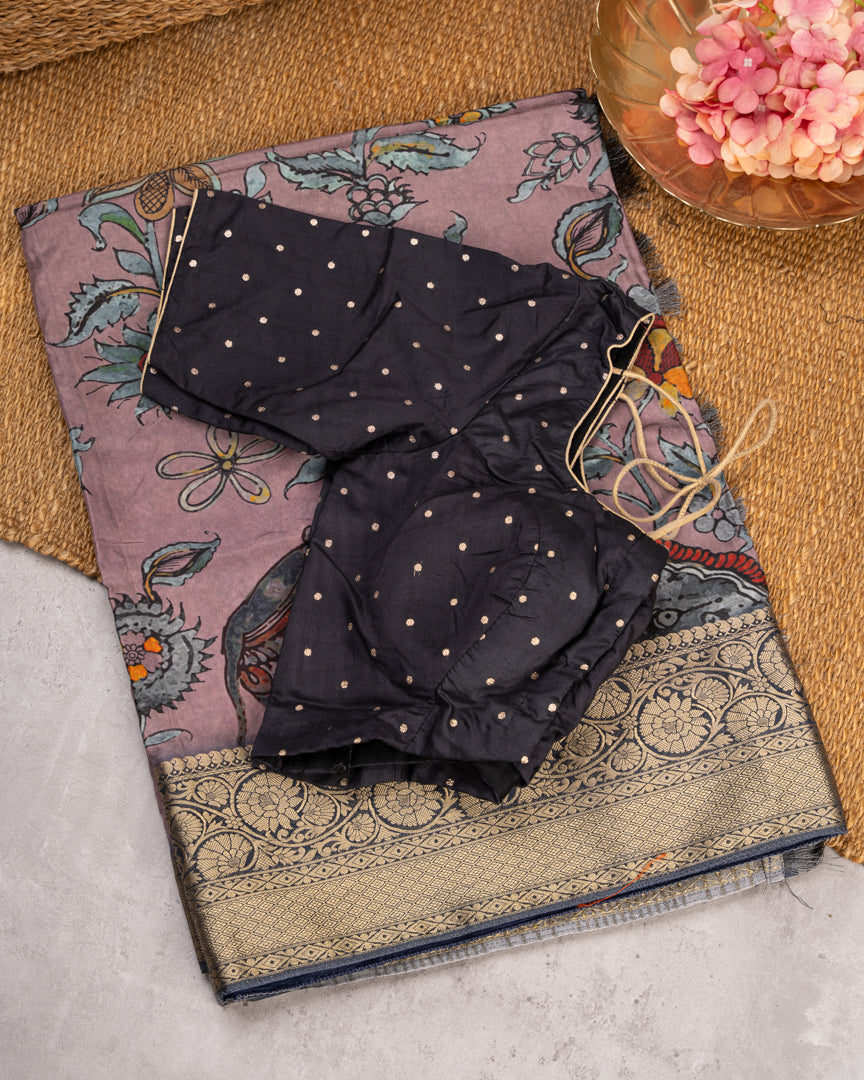 Lilac Pure Banarasi Dola Silk Saree with Kalamkari Prints and Charcoal Grey Banarasi Borders with Charcoal Grey  Banarasi Brocade Blouse