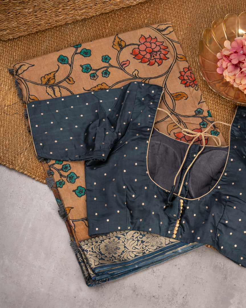 Peach Pure Banarasi Dola Silk Saree with Kalamkari Prints and  Blue Banarasi Borders with Blue Banarasi Brocade Blouse