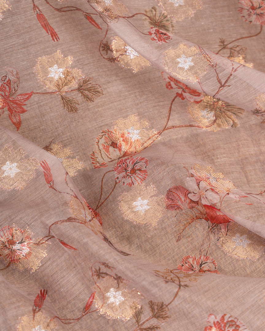 Brownish Grey Chanderi Floral Printed Saree with Pattern Blouse
