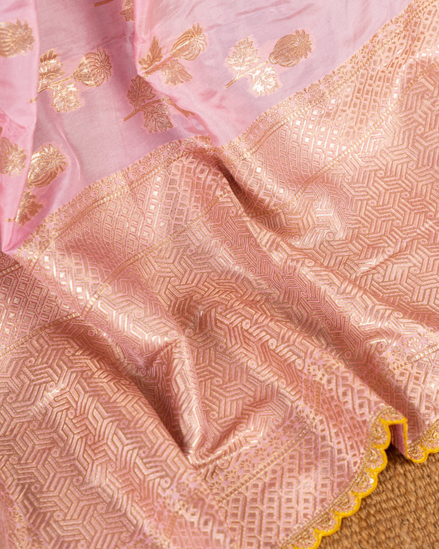 Pure Banarasi Dola Pink Sareewith Mustard Cutwork Borders and Mustard Machine Embroidered Blouse