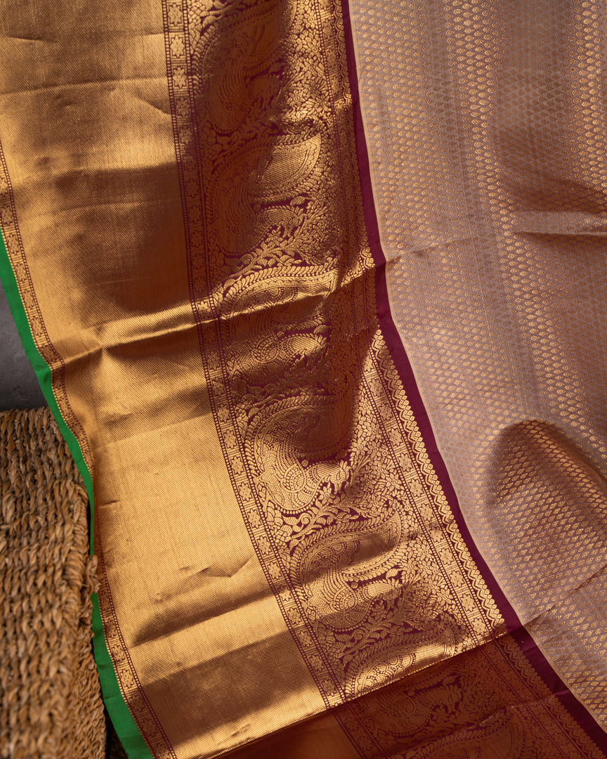 Weavers Excellence : Designer Gadwal Brocade Silk Saree with all over Rain Drop Butties in Biscuit Shade & Contrast Marron Color Borders & Handwork Blouse