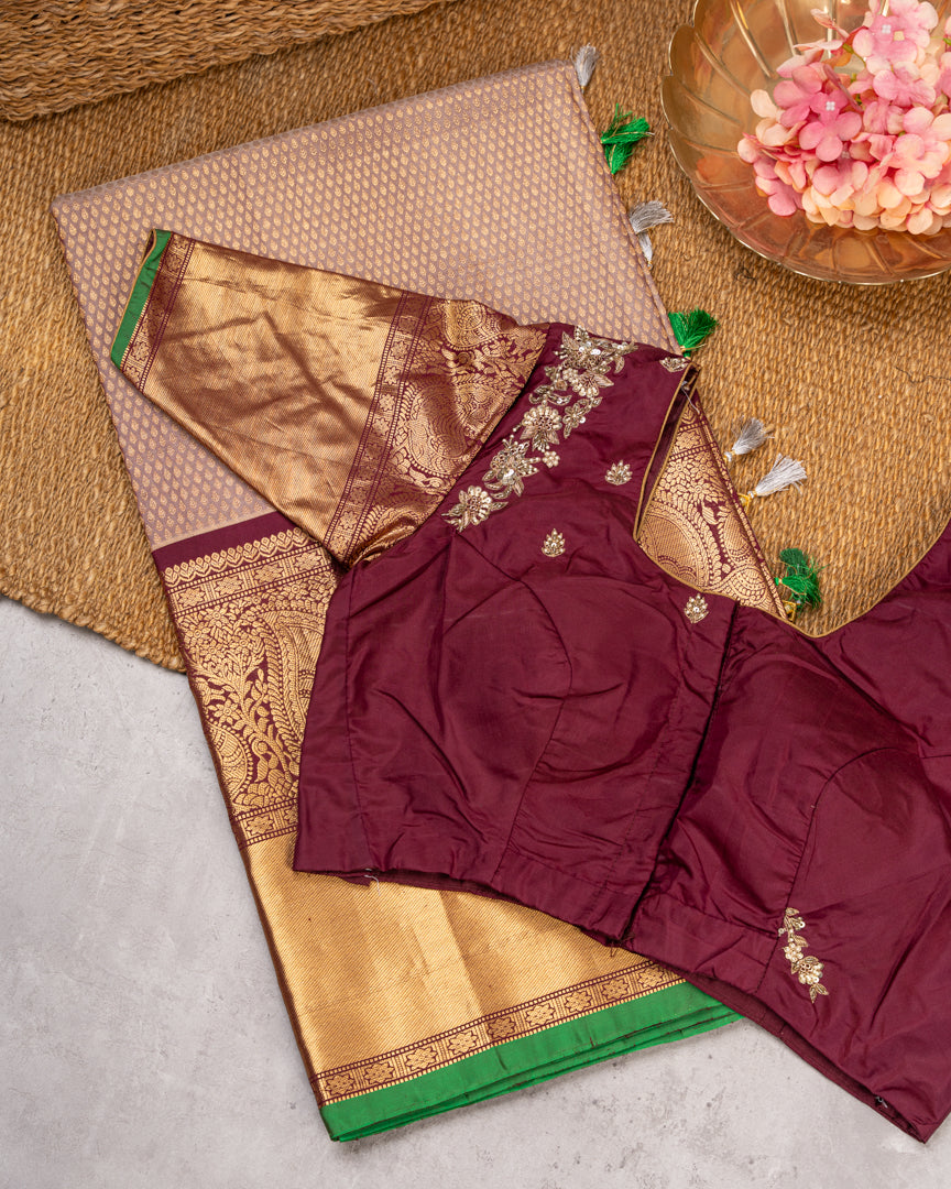 Weavers Excellence : Designer Gadwal Brocade Silk Saree with all over Rain Drop Butties in Biscuit Shade & Contrast Marron Color Borders & Handwork Blouse