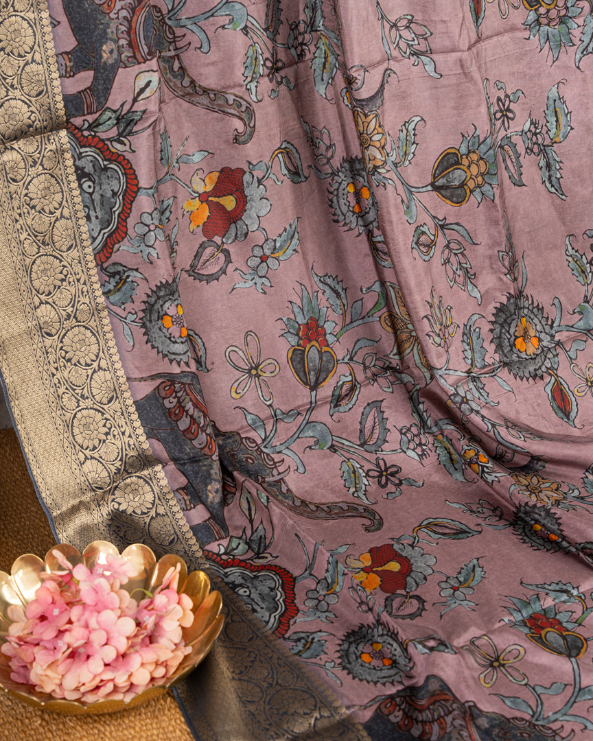 Lilac Pure Banarasi Dola Silk Saree with Kalamkari Prints and Charcoal Grey Banarasi Borders with Charcoal Grey  Banarasi Brocade Blouse