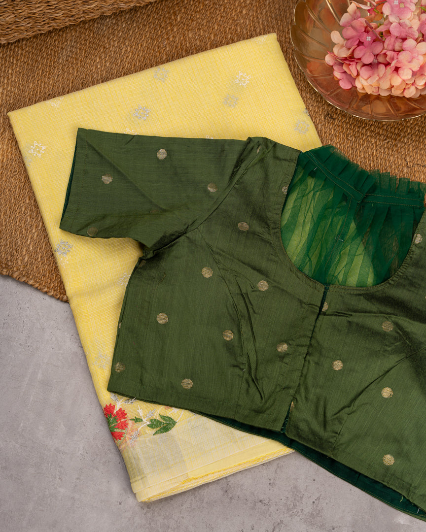 Pastel Yellow Kota Cotton Saree with machine Embroidery over the borders & Trendy Banarasi Blouse