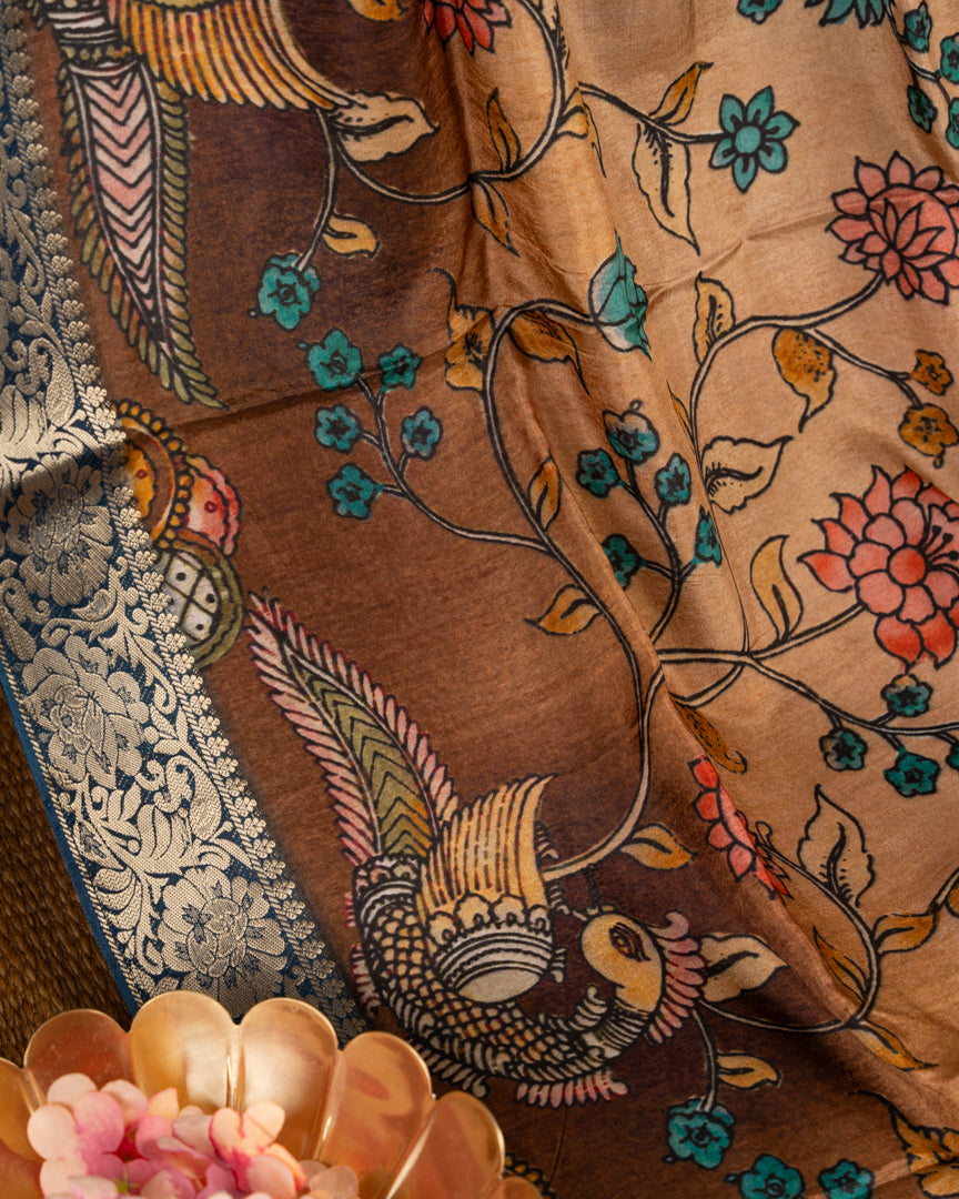 Peach Pure Banarasi Dola Silk Saree with Kalamkari Prints and  Blue Banarasi Borders with Blue Banarasi Brocade Blouse