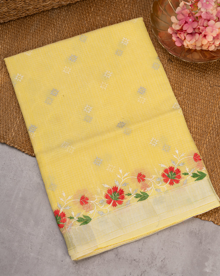 Pastel Yellow Kota Cotton Saree with machine Embroidery over the borders & Trendy Banarasi Blouse