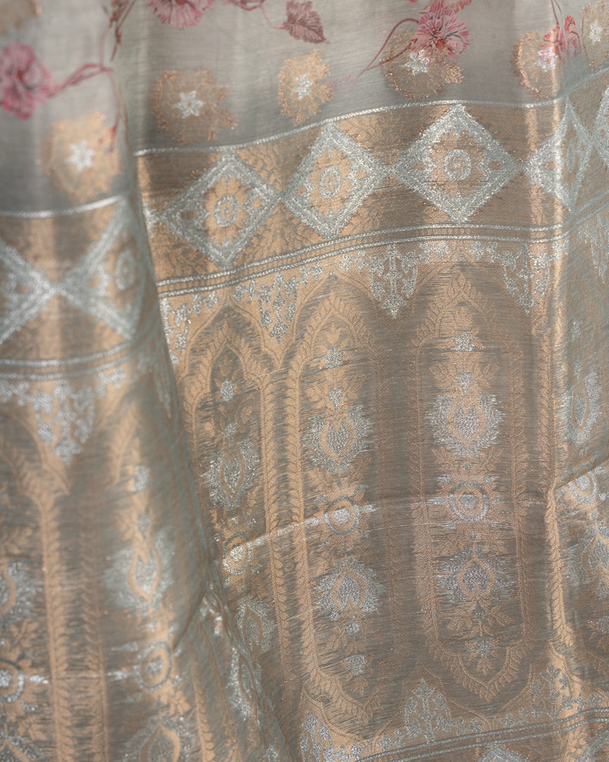 Greenish Grey Chanderi Floral Printed Saree with Pattern Blouse