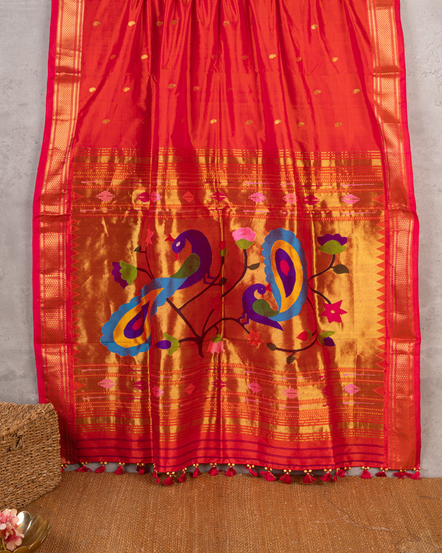 Pure Paithani Nauvari Red & Pink Dual tone Silk Saree with Peacocks and Lotus Fancy Pallu and Beautifully designed Hand embroidered Blouse in Blue