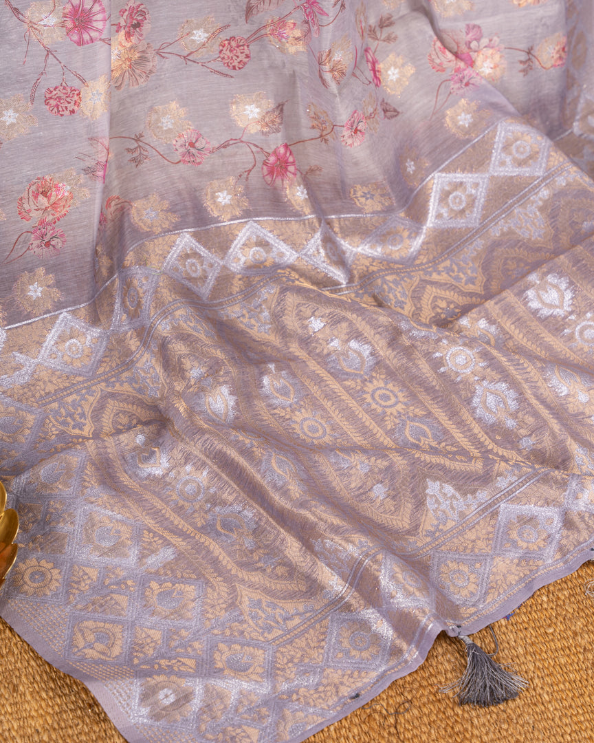 Pastel Grey Chanderi Floral Printed Saree with Pattern Blouse