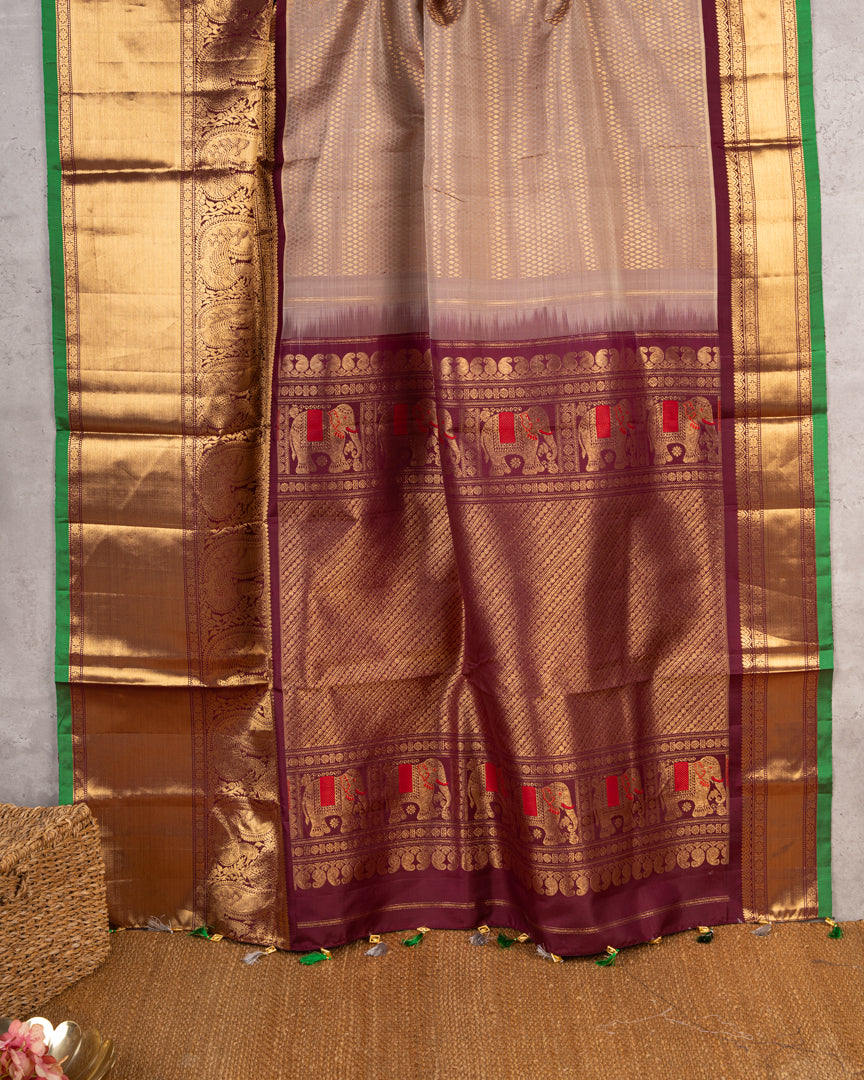 Weavers Excellence : Designer Gadwal Brocade Silk Saree with all over Rain Drop Butties in Biscuit Shade & Contrast Marron Color Borders & Handwork Blouse