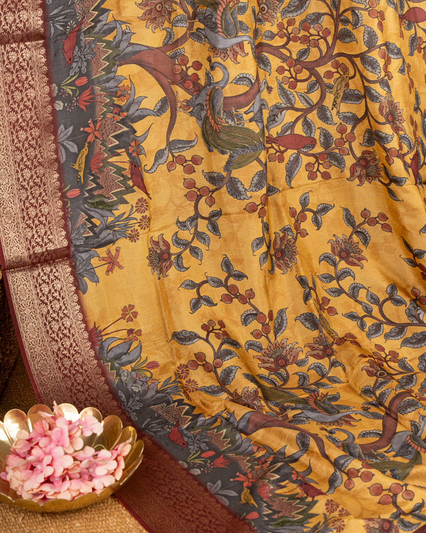Mustard Pure Banarasi Dola Silk Saree with Kalamkari Prints and Maroon Banarasi Borders with Maroon Banarasi Brocade Blouse