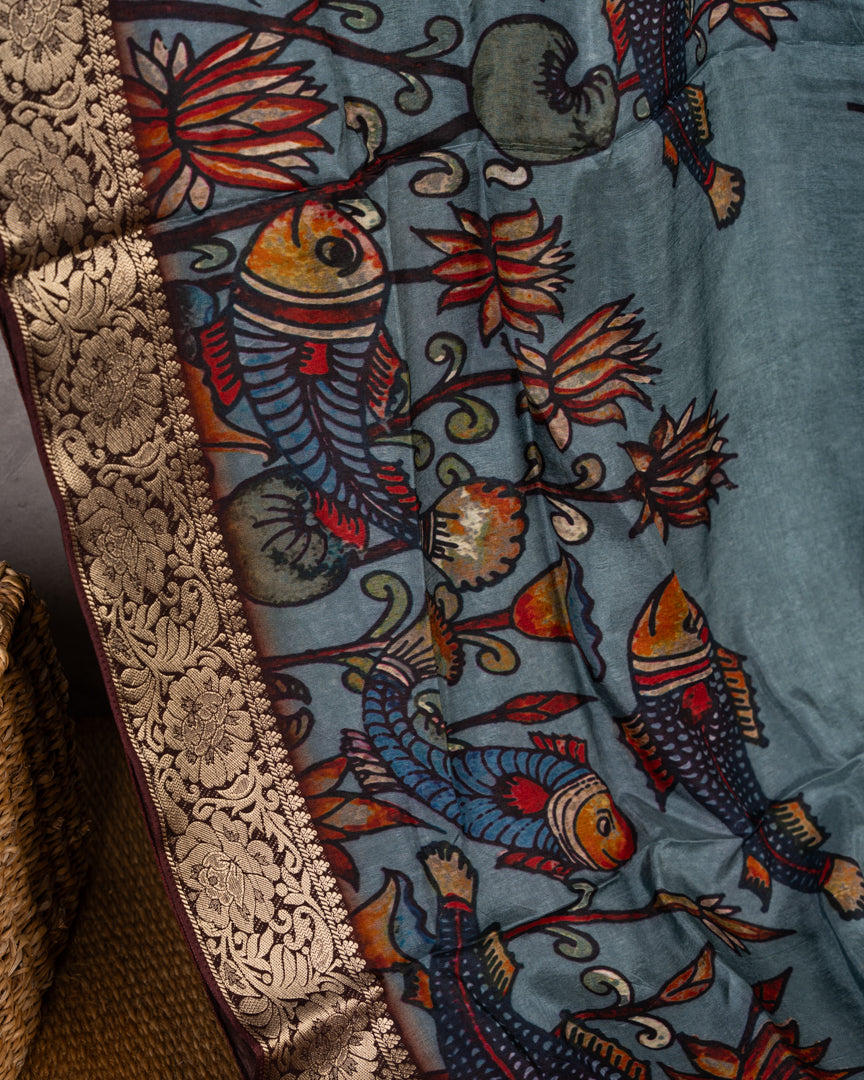 Grey Pure Banarasi Dola Silk Saree with Kalamkari Prints and Brown Banarasi Borders with Coffee Brown Banarasi Brocade Blouse