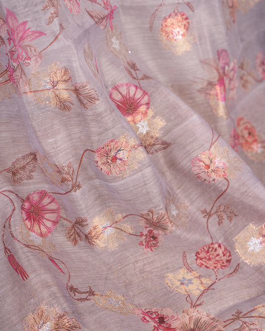 Pastel Grey Chanderi Floral Printed Saree with Pattern Blouse