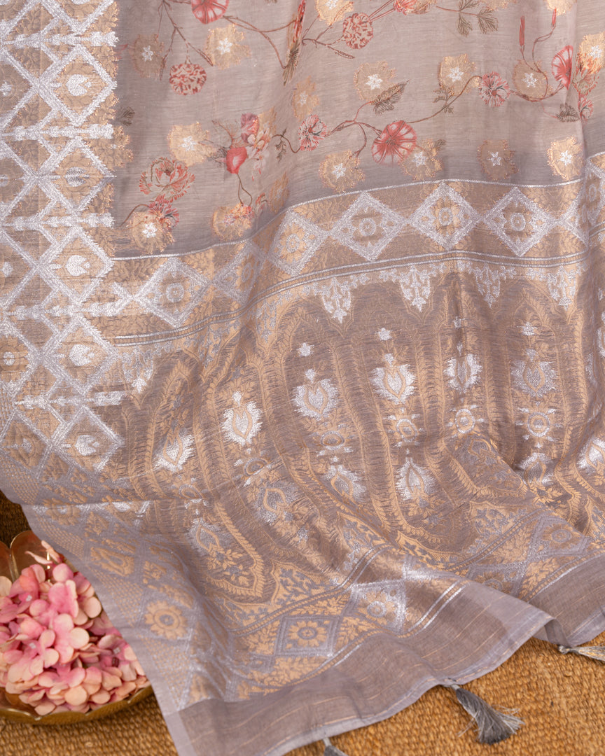 Brownish Grey Chanderi Floral Printed Saree with Pattern Blouse