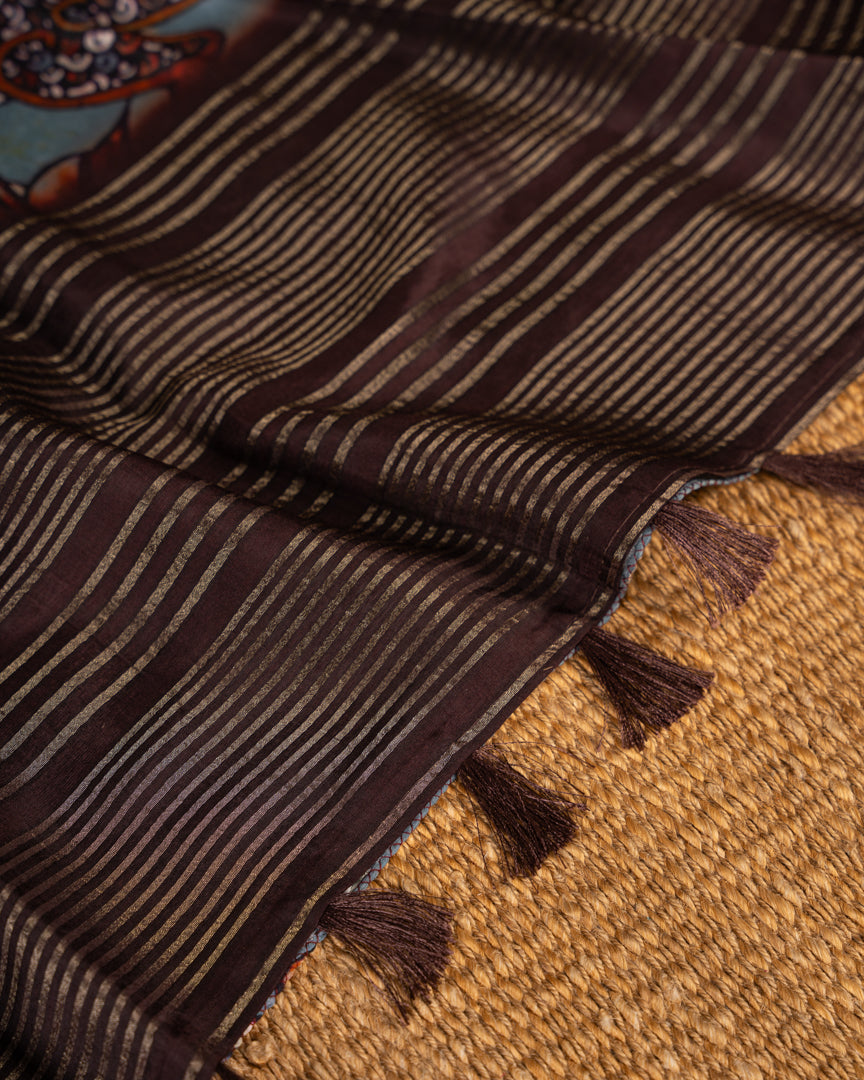 Grey Pure Banarasi Dola Silk Saree with Kalamkari Prints and Brown Banarasi Borders with Coffee Brown Banarasi Brocade Blouse
