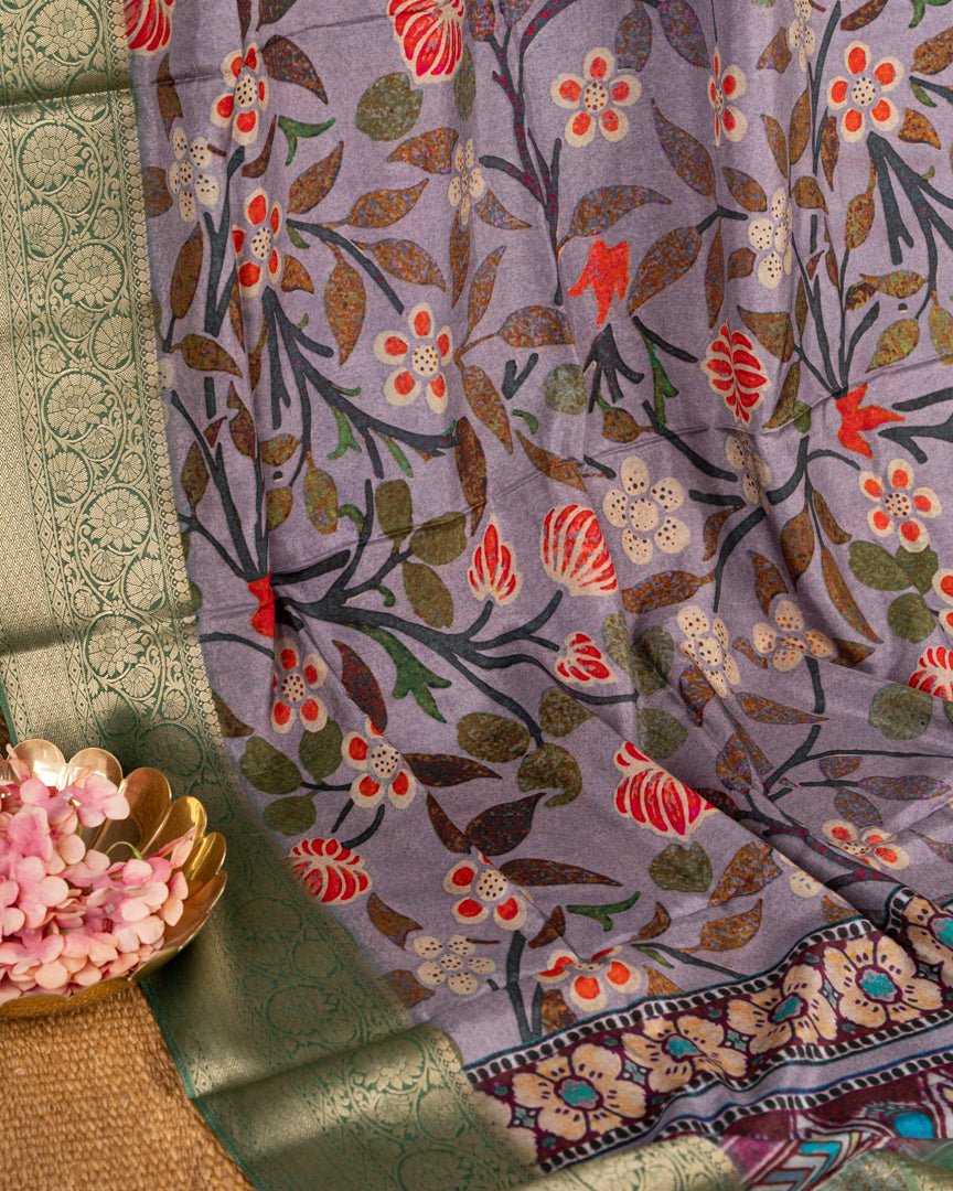 Grey Pure Banarasi Dola Silk Saree with Kalamkari Prints and  Green Banarasi Borders with Green Banarasi Brocade Blouse