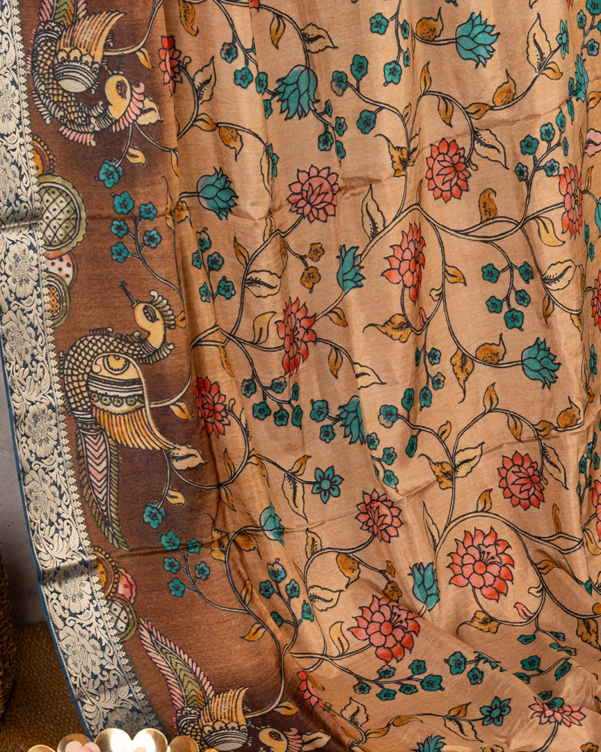 Peach Pure Banarasi Dola Silk Saree with Kalamkari Prints and  Blue Banarasi Borders with Blue Banarasi Brocade Blouse