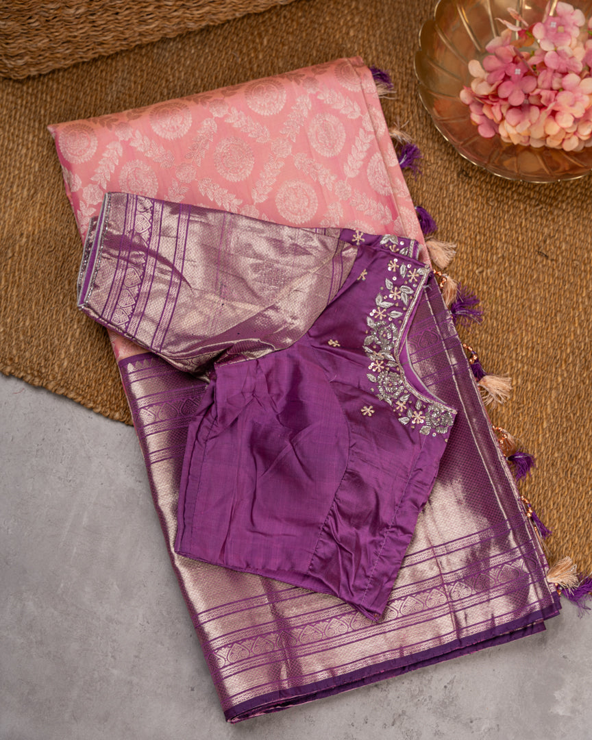 Pastel Peach Kanchipuram Silk Saree with all over Jangla Weaving and Silver borders & Elegant Hand work Purple Blouse