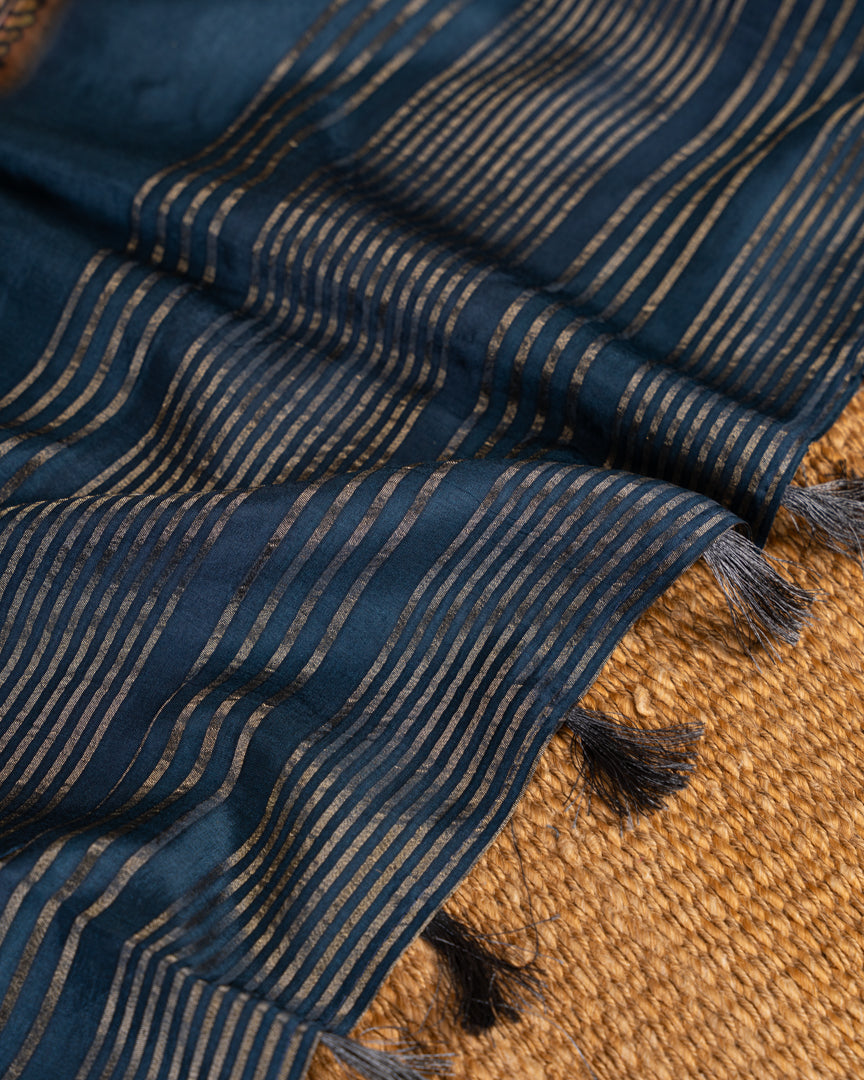 Peach Pure Banarasi Dola Silk Saree with Kalamkari Prints and  Blue Banarasi Borders with Blue Banarasi Brocade Blouse
