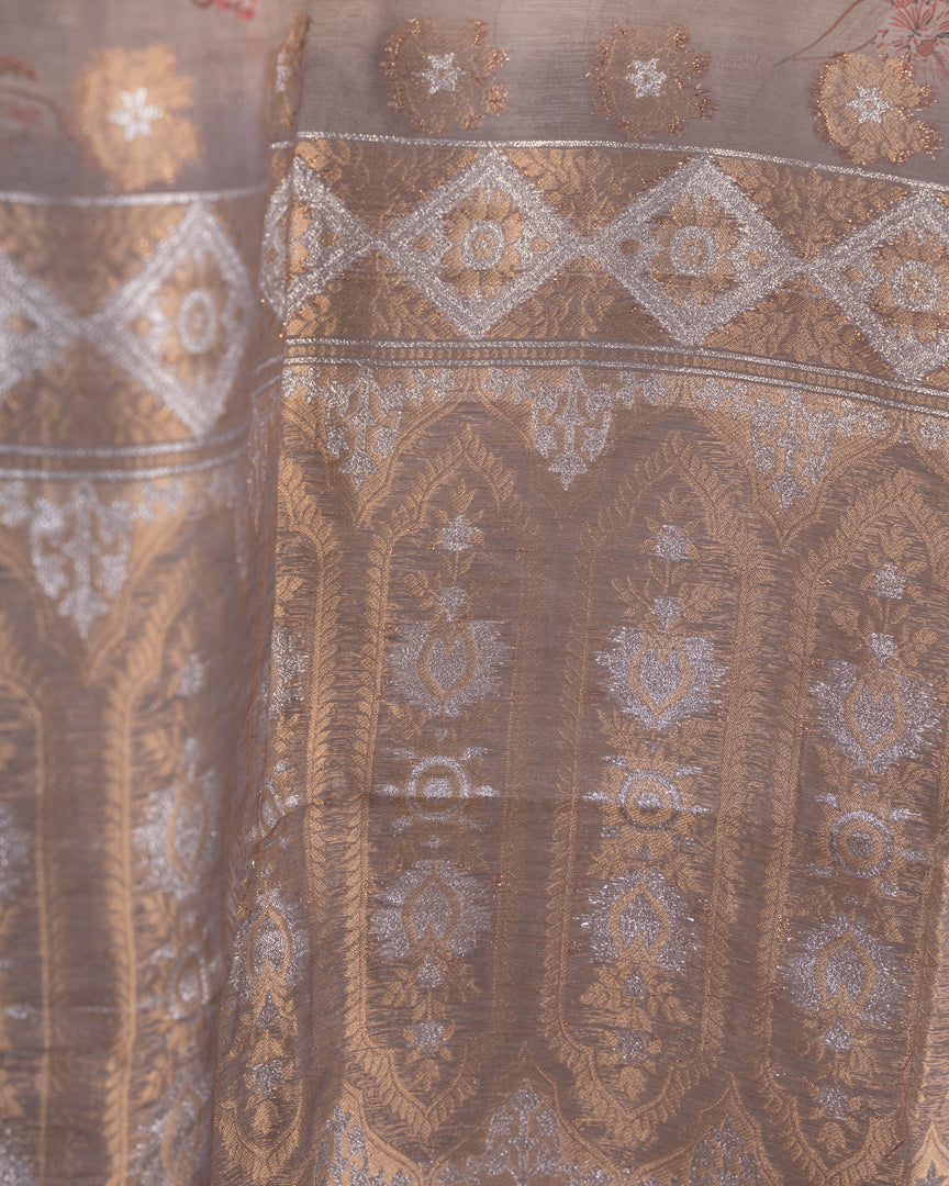 Brownish Grey Chanderi Floral Printed Saree with Pattern Blouse