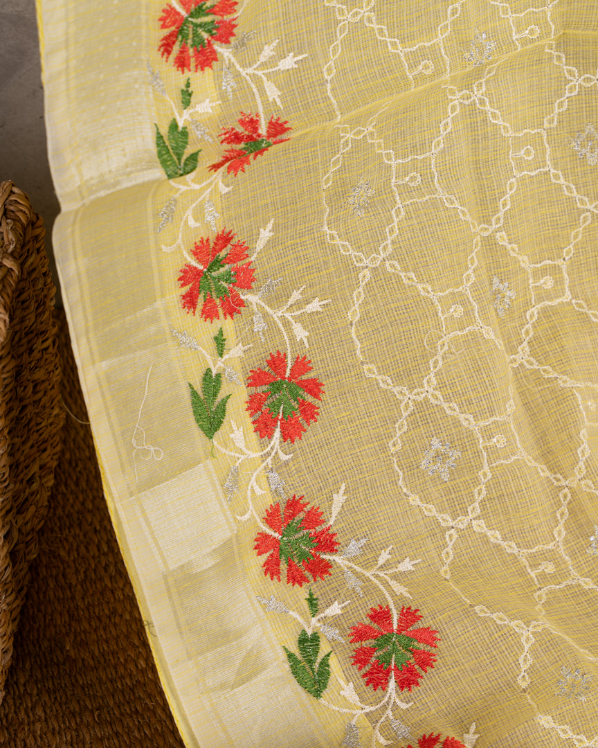 Pastel Yellow Kota Cotton Saree with machine Embroidery over the borders & Trendy Banarasi Blouse