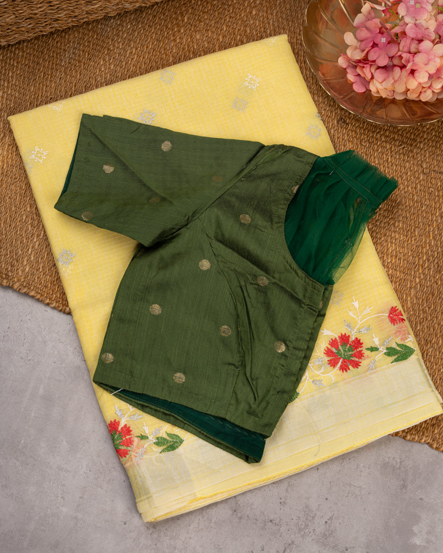 Pastel Yellow Kota Cotton Saree with machine Embroidery over the borders & Trendy Banarasi Blouse
