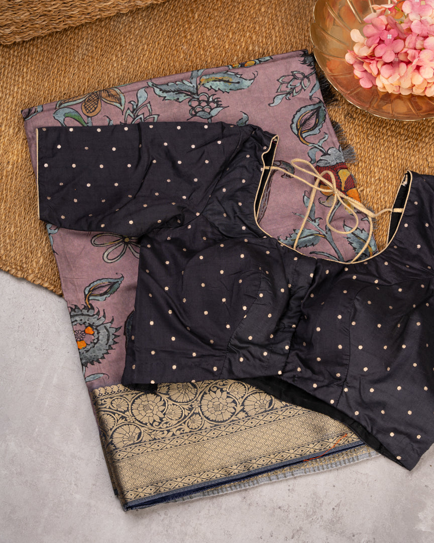 Lilac Pure Banarasi Dola Silk Saree with Kalamkari Prints and Charcoal Grey Banarasi Borders with Charcoal Grey  Banarasi Brocade Blouse