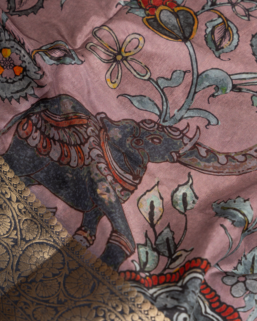Lilac Pure Banarasi Dola Silk Saree with Kalamkari Prints and Charcoal Grey Banarasi Borders with Charcoal Grey  Banarasi Brocade Blouse