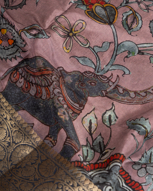 Lilac Pure Banarasi Dola Silk Saree with Kalamkari Prints and Charcoal Grey Banarasi Borders with Charcoal Grey  Banarasi Brocade Blouse