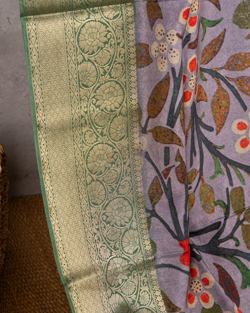 Grey Pure Banarasi Dola Silk Saree with Kalamkari Prints and  Green Banarasi Borders with Green Banarasi Brocade Blouse