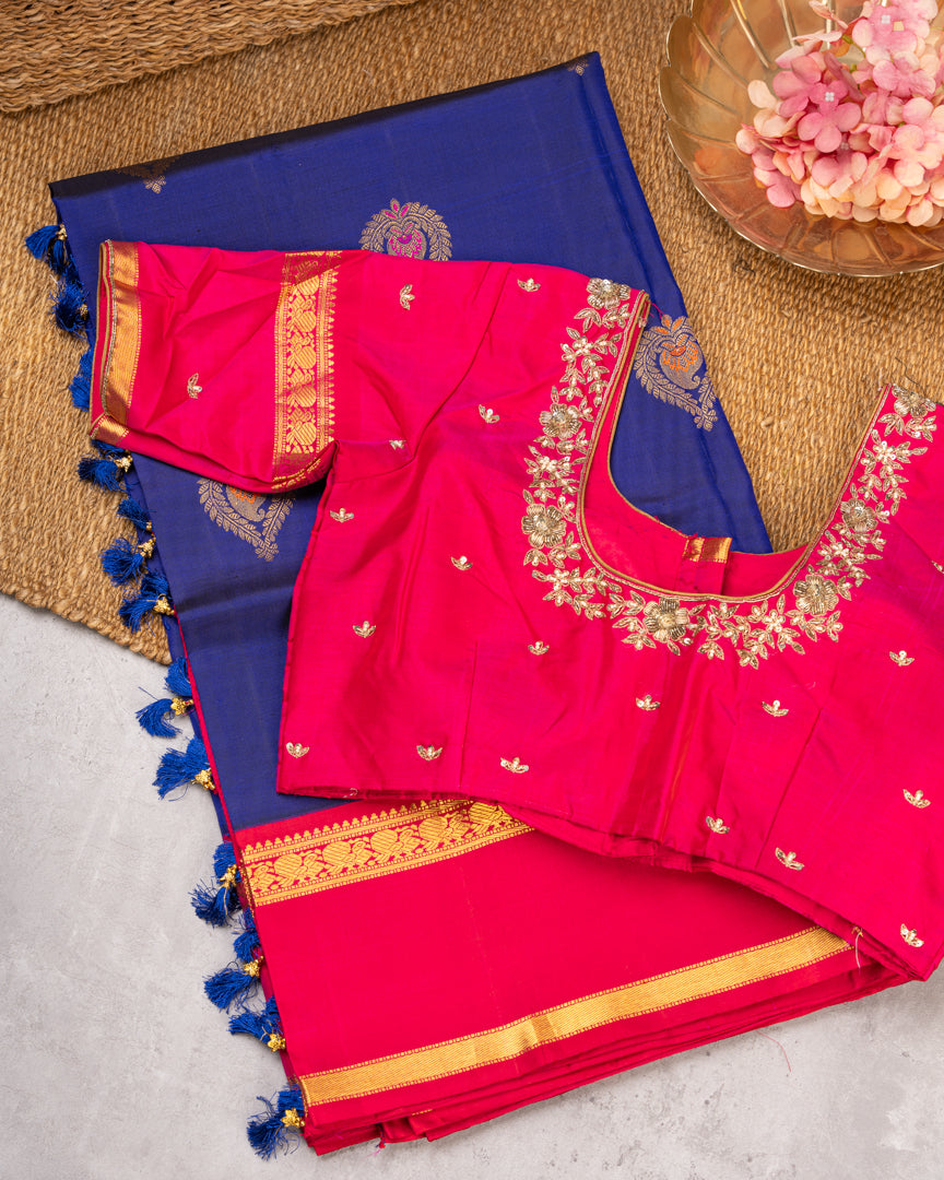 Fusion : Premium Kanchipuram Silk Saree in Ink Blue Color with Fuscia Double Retta Petta Borders and Menakari Woven Banarasi Motifs and Hand Embroidered Blouse