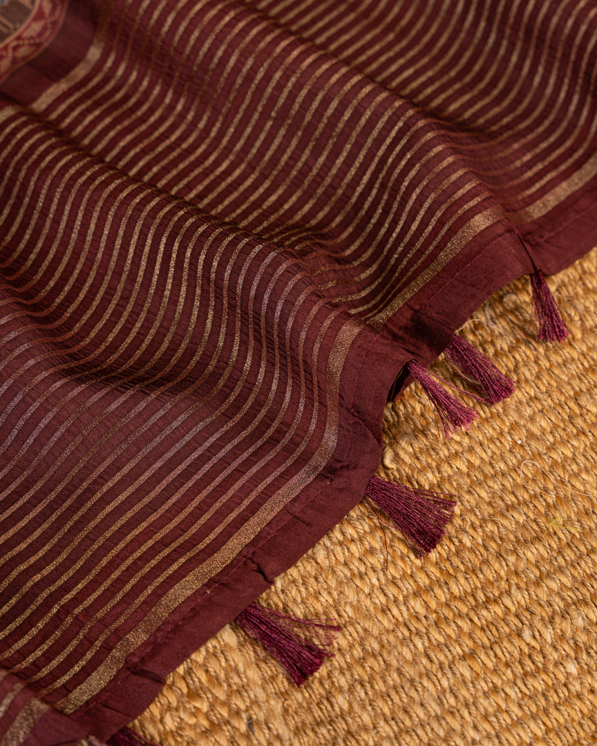Mustard Pure Banarasi Dola Silk Saree with Kalamkari Prints and Maroon Banarasi Borders with Maroon Banarasi Brocade Blouse