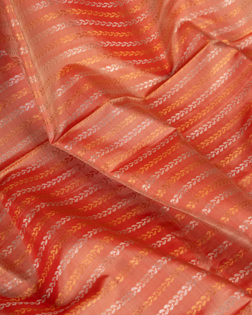 Pastel Peach Gadwal Brocade Silk saree with Red Kanchipuram Inspired Borders & Red Cutdana Handwork Blouse