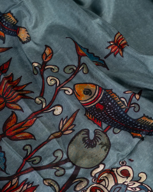 Grey Pure Banarasi Dola Silk Saree with Kalamkari Prints and Brown Banarasi Borders with Coffee Brown Banarasi Brocade Blouse
